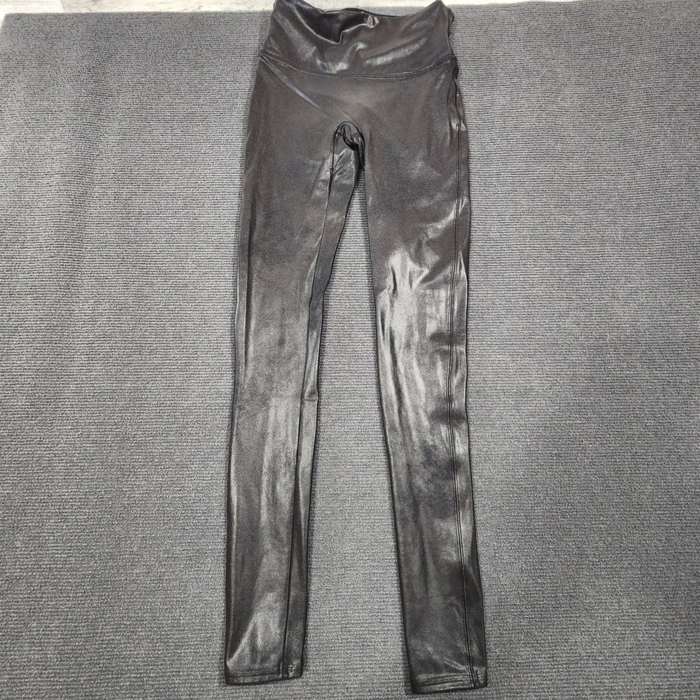 Spanx Faux Leather‎ Leggings Women Medium Tall Black Shimmer High Rise Moto